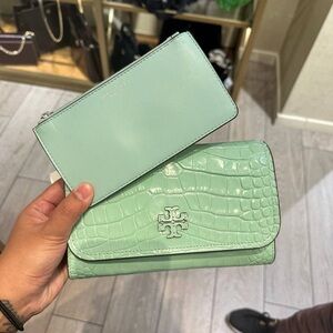 Tory Burch Mint Croc-Embossed Wallet and Clutch Set